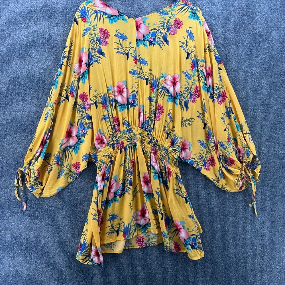 UMGEE Dress‎ Small Yellow Floral V-Neck Dolman Sleeves Peasant Beachy Festival
